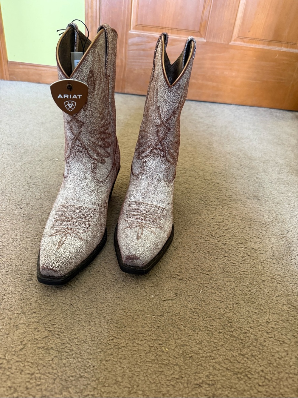 Ariat Distressed White Western Boots with Brown Trim - Picture 2 of 5